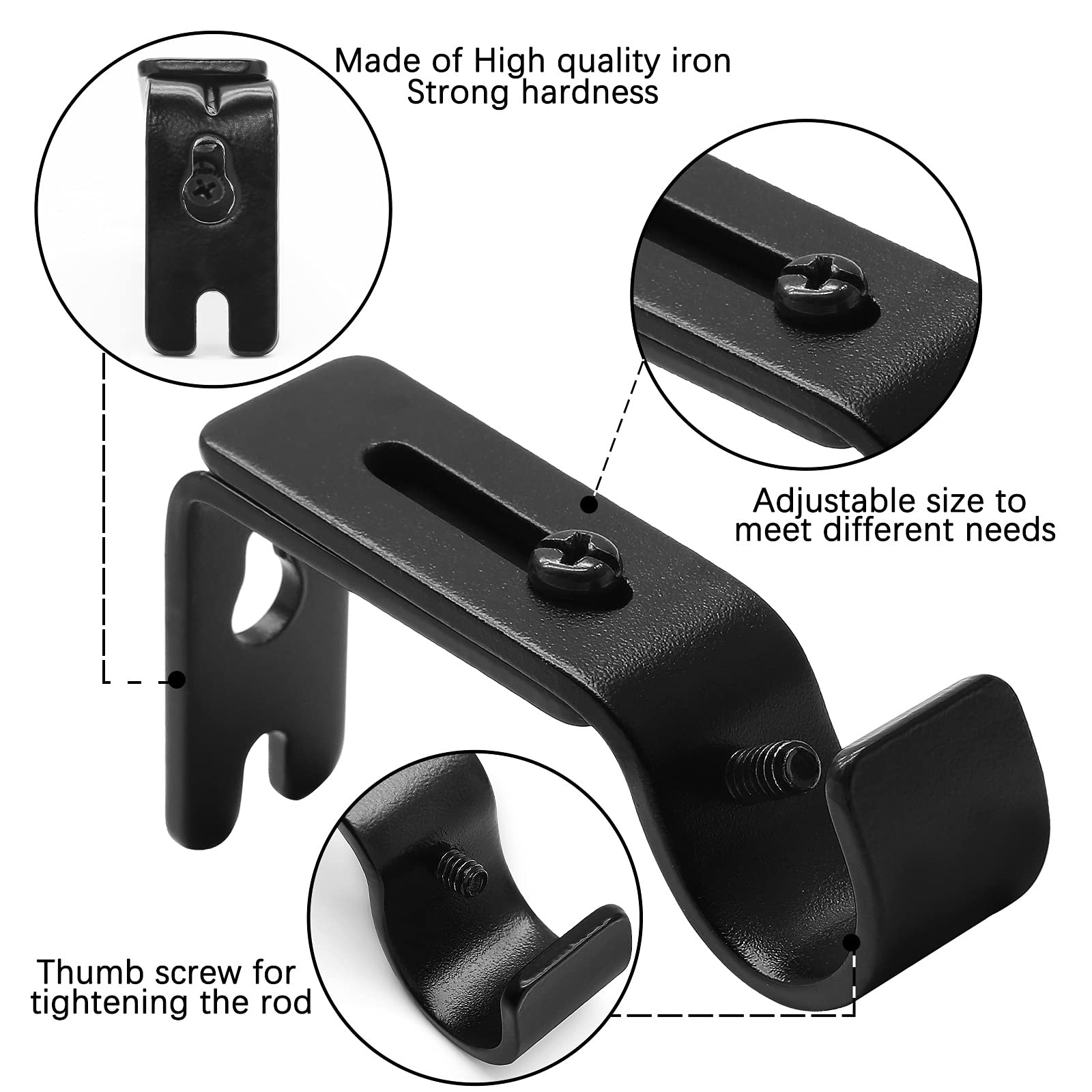4 PCS Heavy Duty Adjustable Curtain Rod Brackets Wall Mount Black 5/83/4
