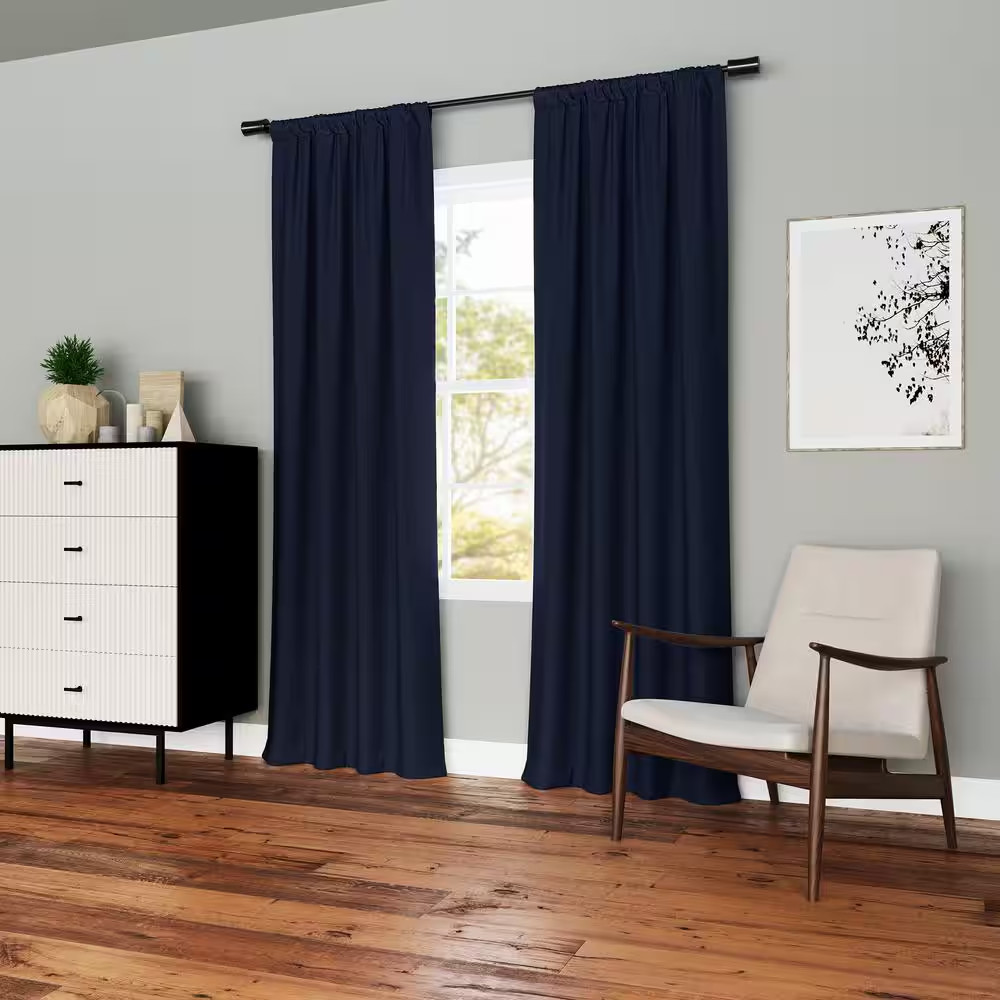 Kinnear Textured Navy Blue Polyester 40 In. W X 84 In. L Rod Pocket Blackout Cur