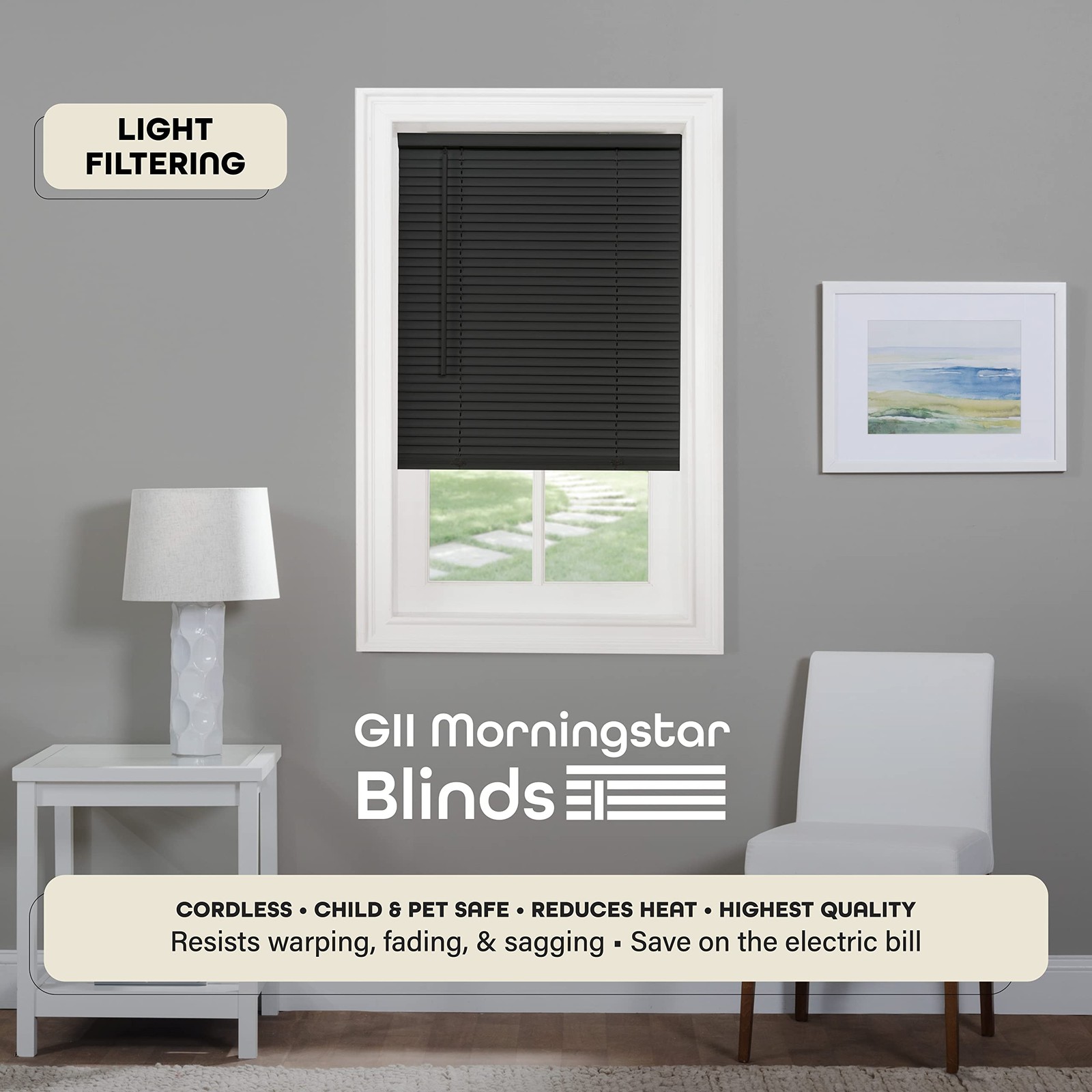 Cordless Light Filtering Mini Blind – 27 Inch Width, 64 Inch Length, 1″ Slat …