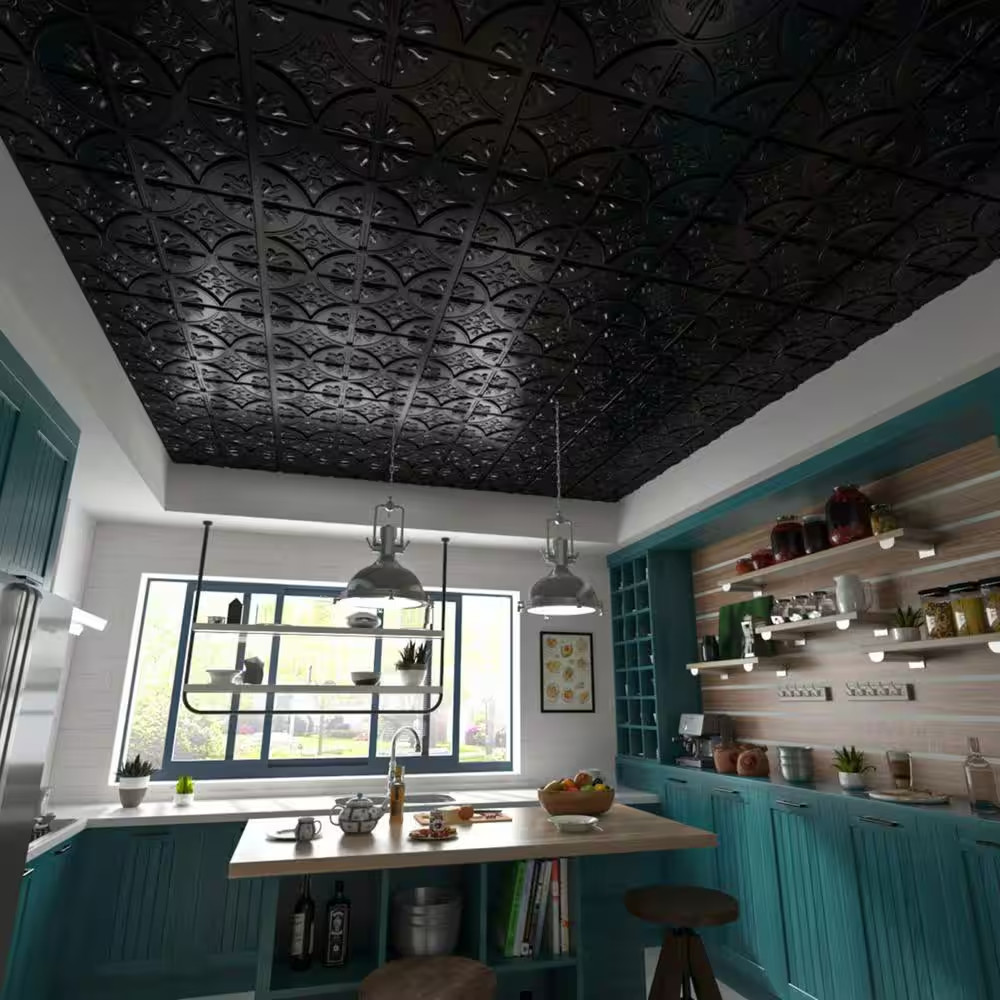 Floral Design Black 2 Ft. X 2 Ft. Decorative Ceiling Wall Panel Lay in Glue Ceil