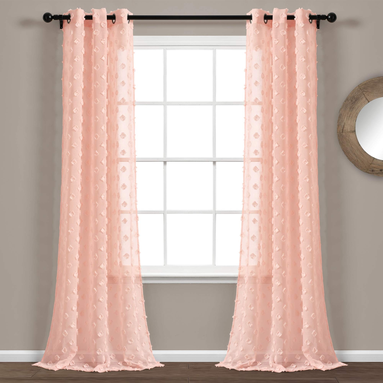 Blush Textured Dot Grommet Sheer Window Curtain Panel Pair 84″ X 3