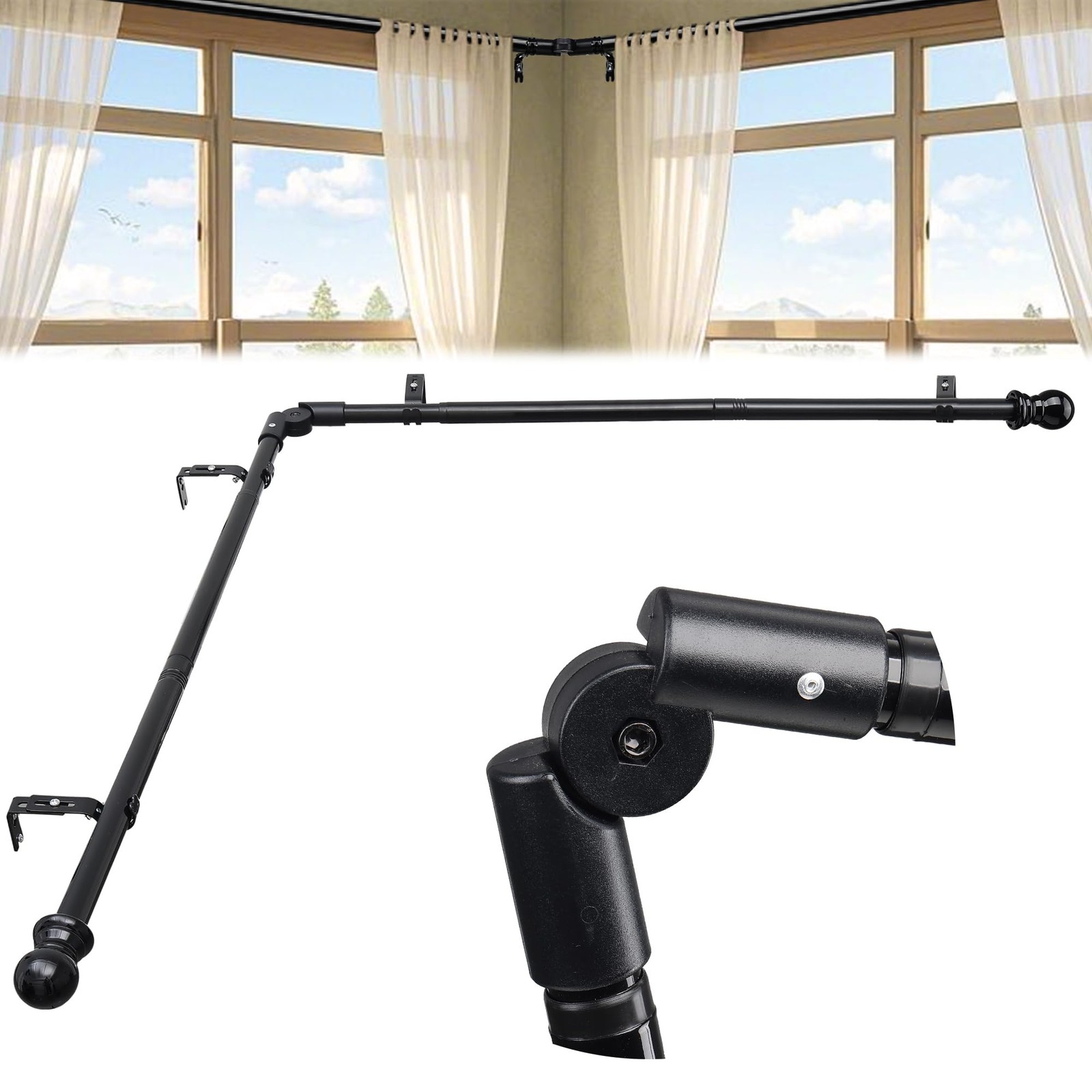 Black Corner Window Curtain Rods L Shape Curved 30 To 136 Inch Adjustable