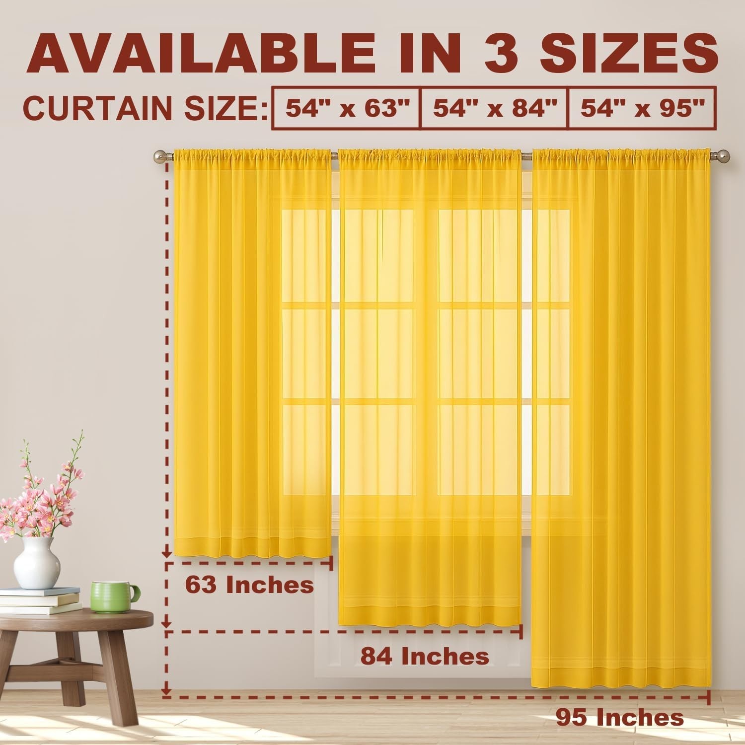 YHSF Sheer Curtain Window Elegant Set of 2, 54″ W x 84″ L each panel, Yellow