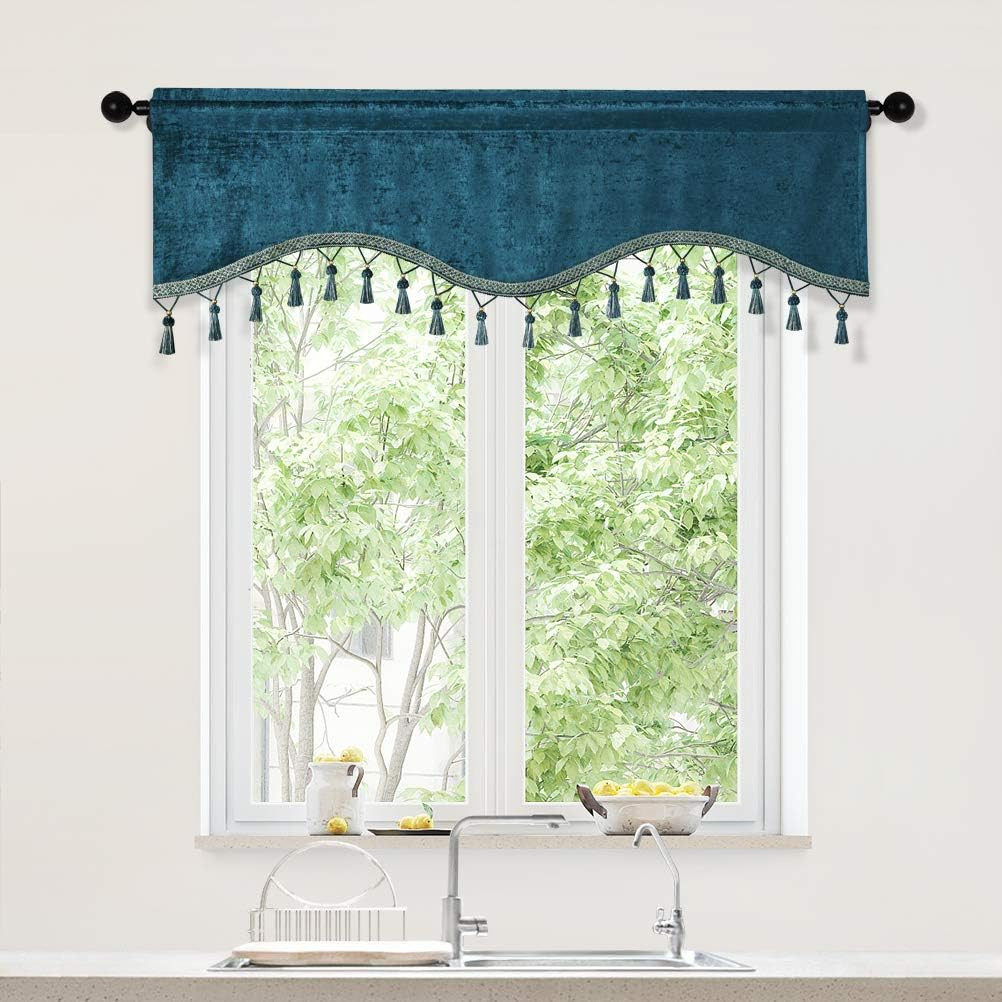Double-Sided Chenille Window Curtains Tier for Kitchen Peacock Blue Scalloped Va