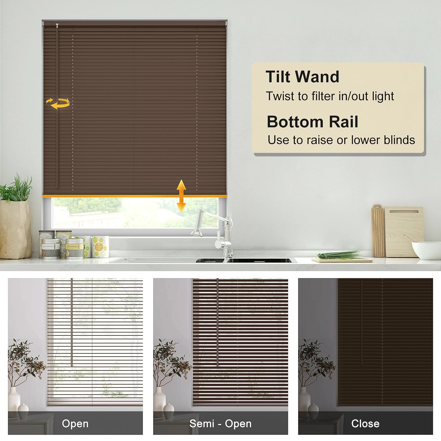 LazBlinds No Tools Drill 1″ Vinyl Mini 37″ W × 64″ H, Cordless-mahogany