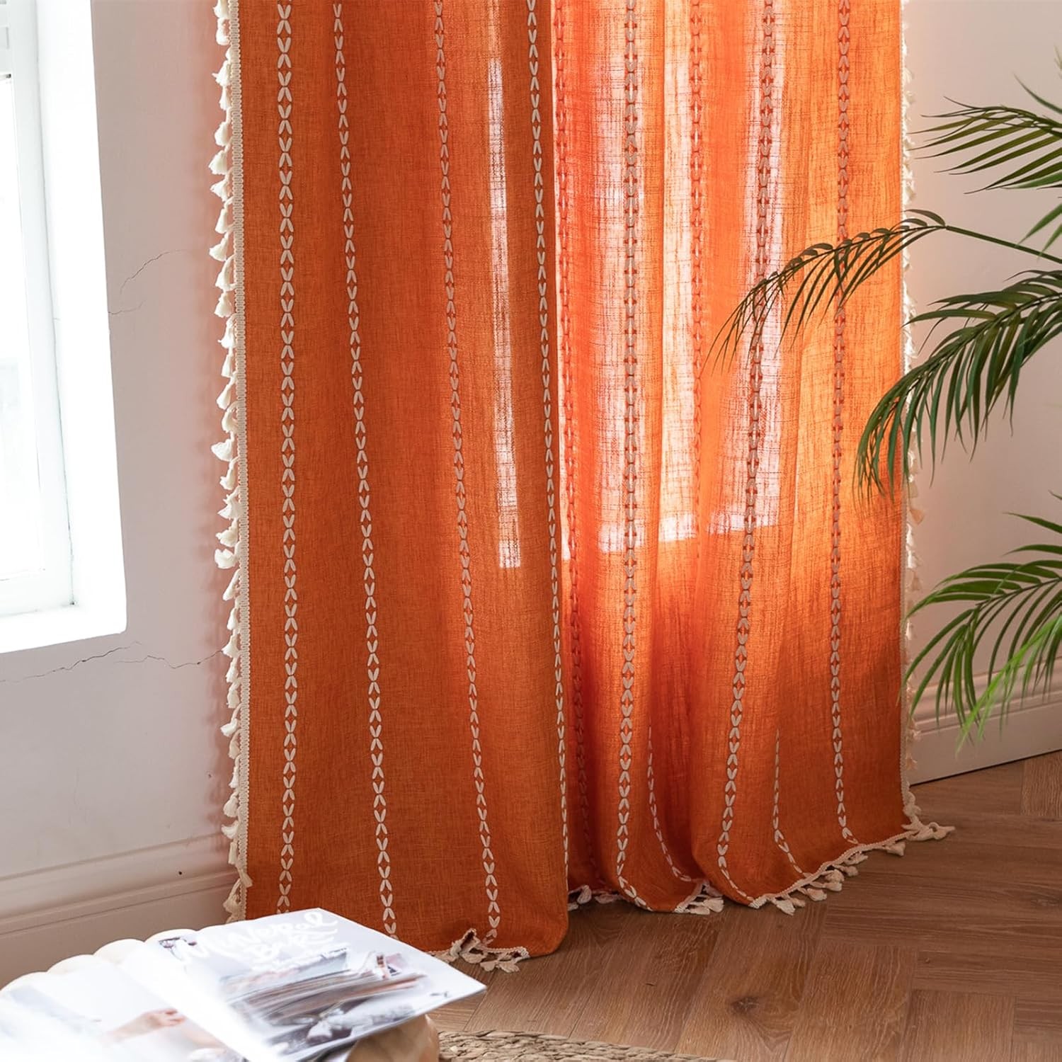 Orange Boho Curtains 84 inches Long W/ Tassel Bedroom Living Room Bohemian