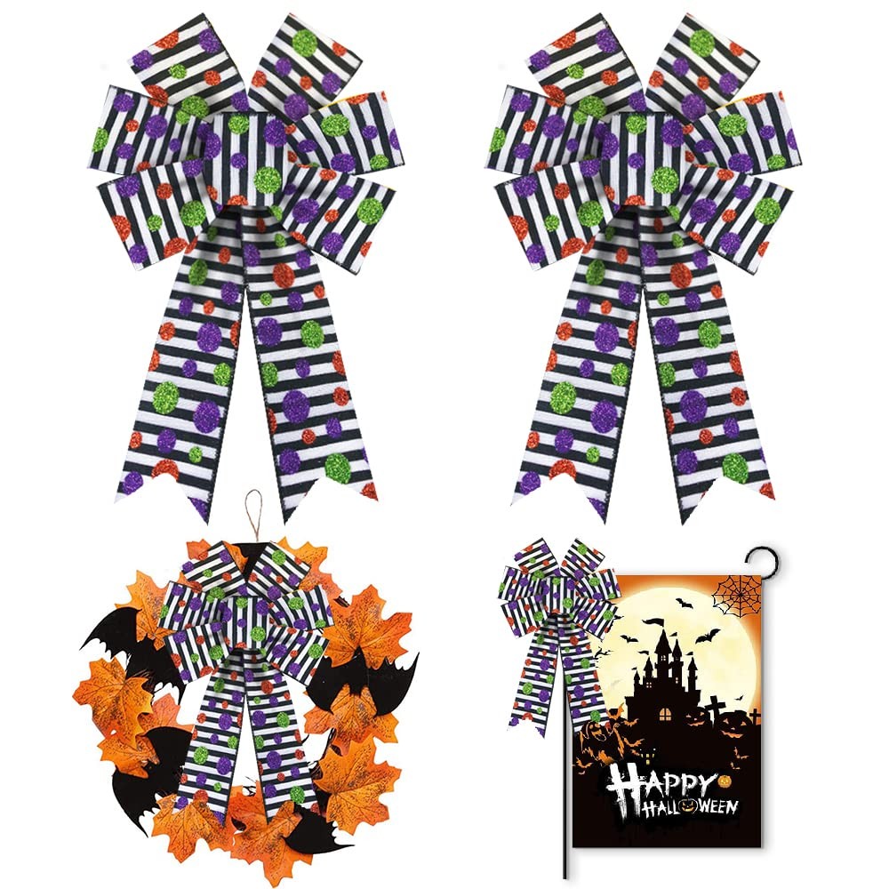 2 Pieces Halloween Bows for Wreath, Halloween Candy Wreath Bows Black White B…