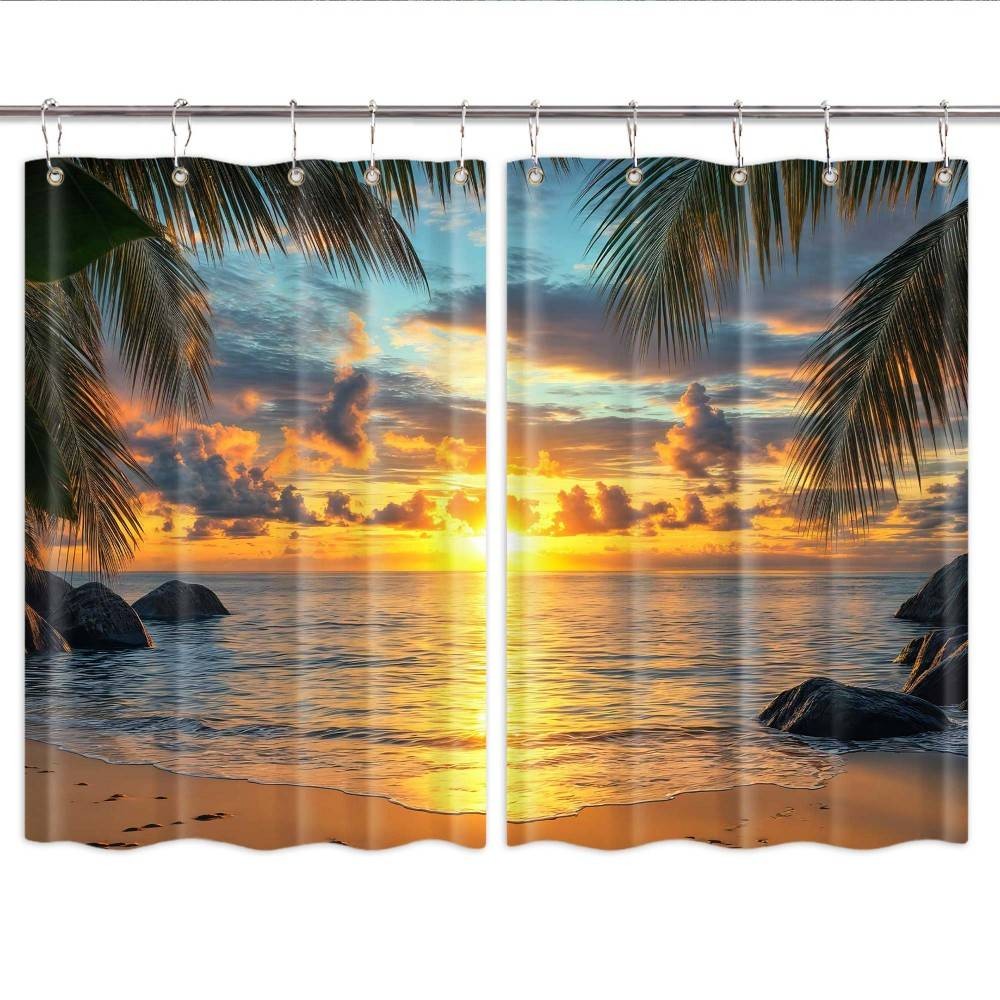 Tropical Style 3D Kitchen Curtains Window Drapes 2 Panel Set with Hooks