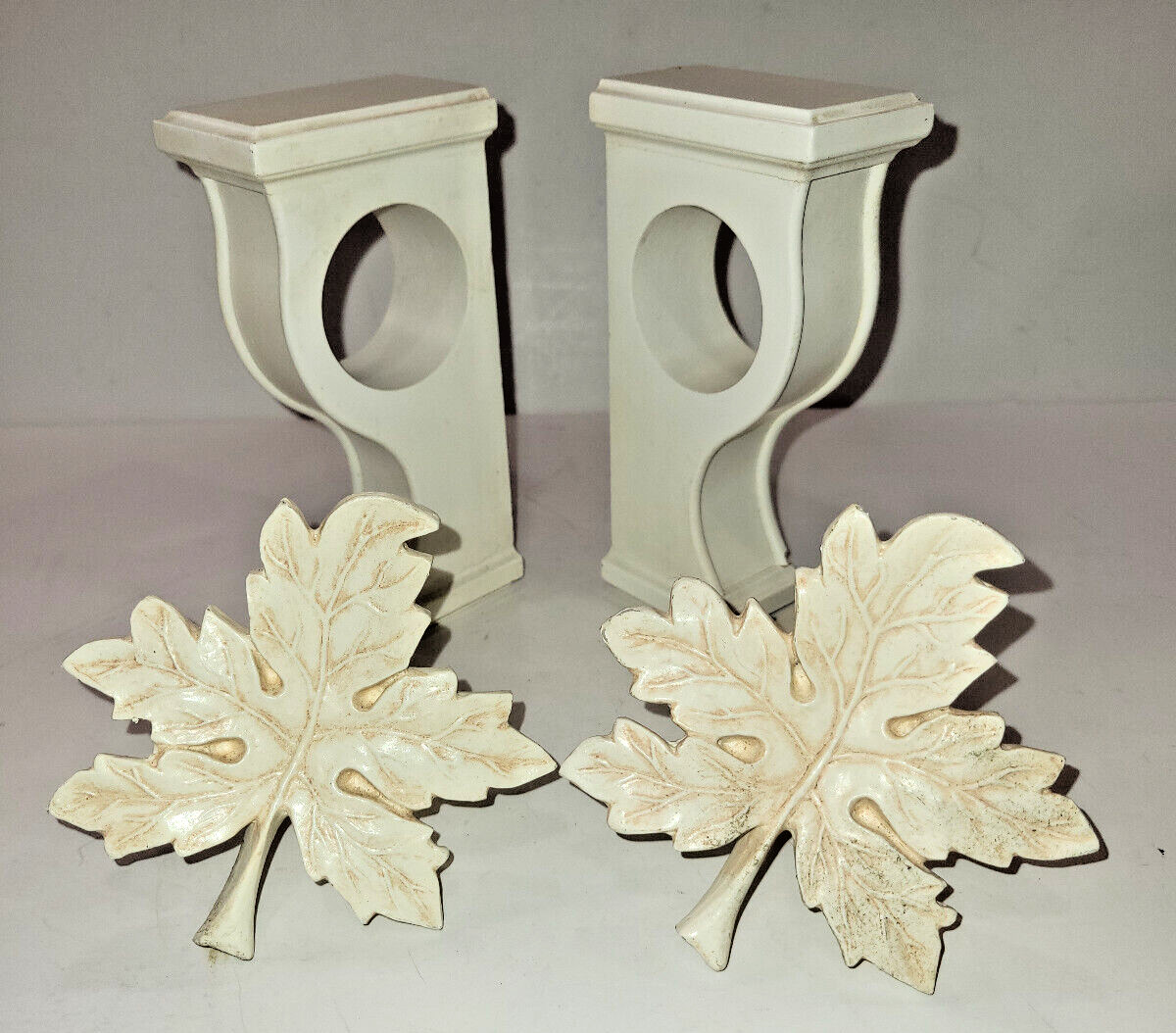 White Wood Curtain Rod Pole Holder Brackets w/ Curtain Maple Leaf Rod Finials