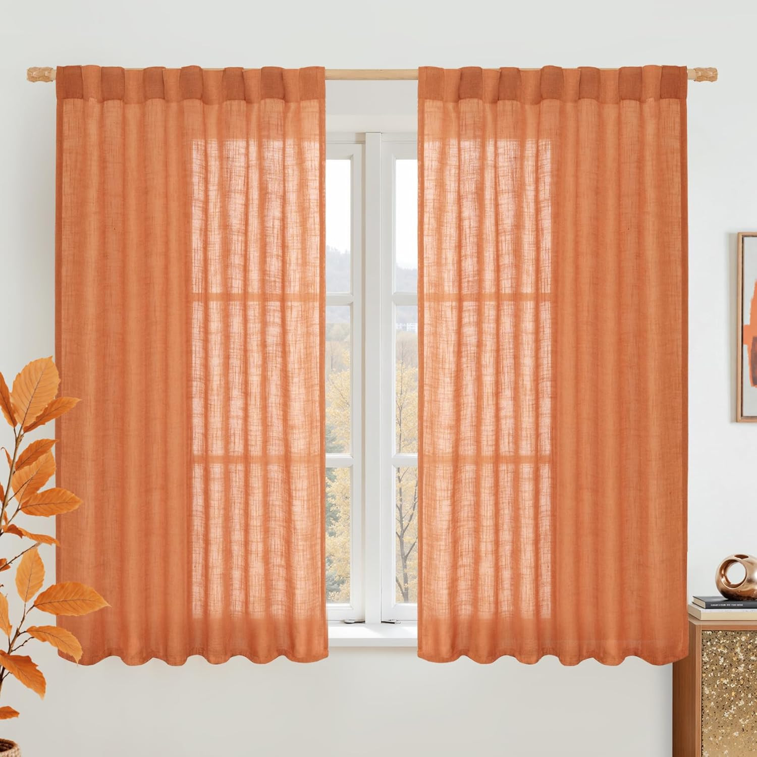 LAMIT Semi Sheer Linen Curtains 45 Inches Long, Light Filtering Panels Back Tab