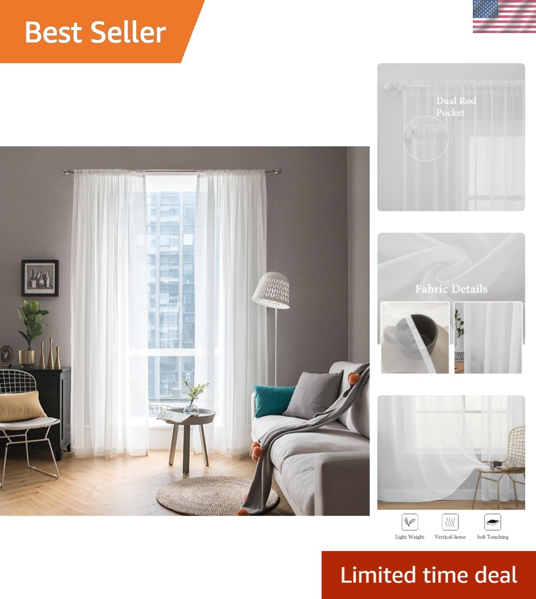 Lightweight Solid White Sheer Voile Panels – Set of 2 for Living Room & Bedroom
