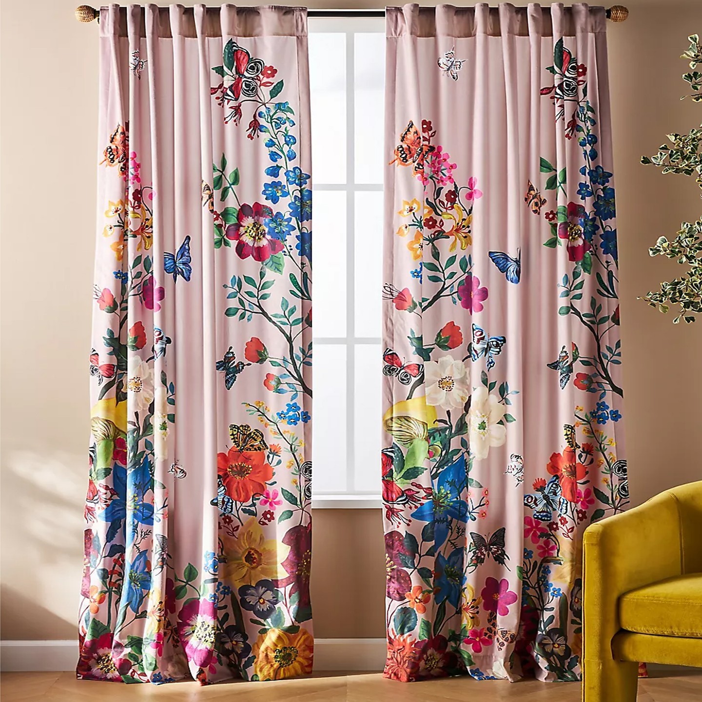 Natalie Leté Anthropologie Pink Velvet Butterfly Floral Curtain Panel 50″ x 63″