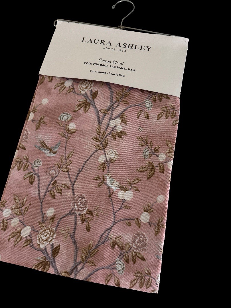 NIP Laura Ashley Window Curtains 2 Panels 38 x 84 Birds Rose Pink Brown Back Tab