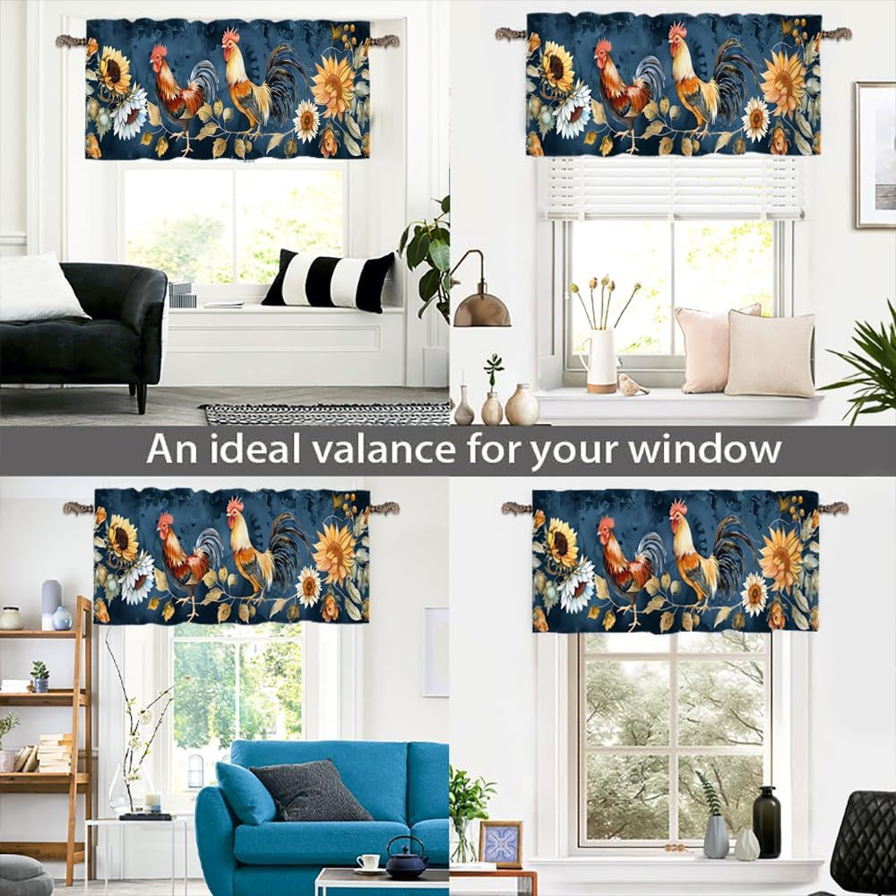 1 Panel Retro Rustic Rooster Kitchen Valance Curtains for Windows, Glam Colorful