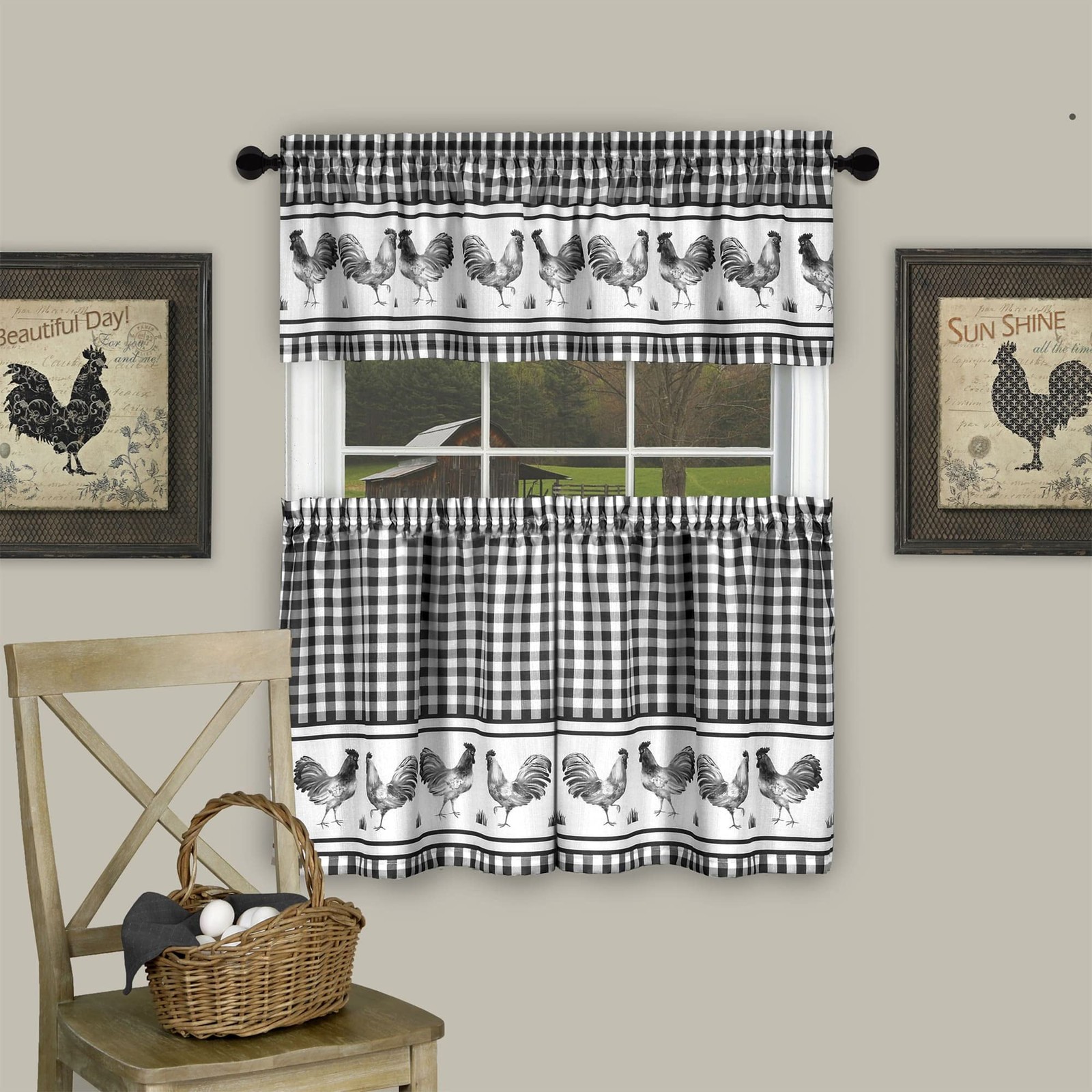 Light Filtering Printed Tier & Valance Window Curtain Set – 58 Inch Length, 3…