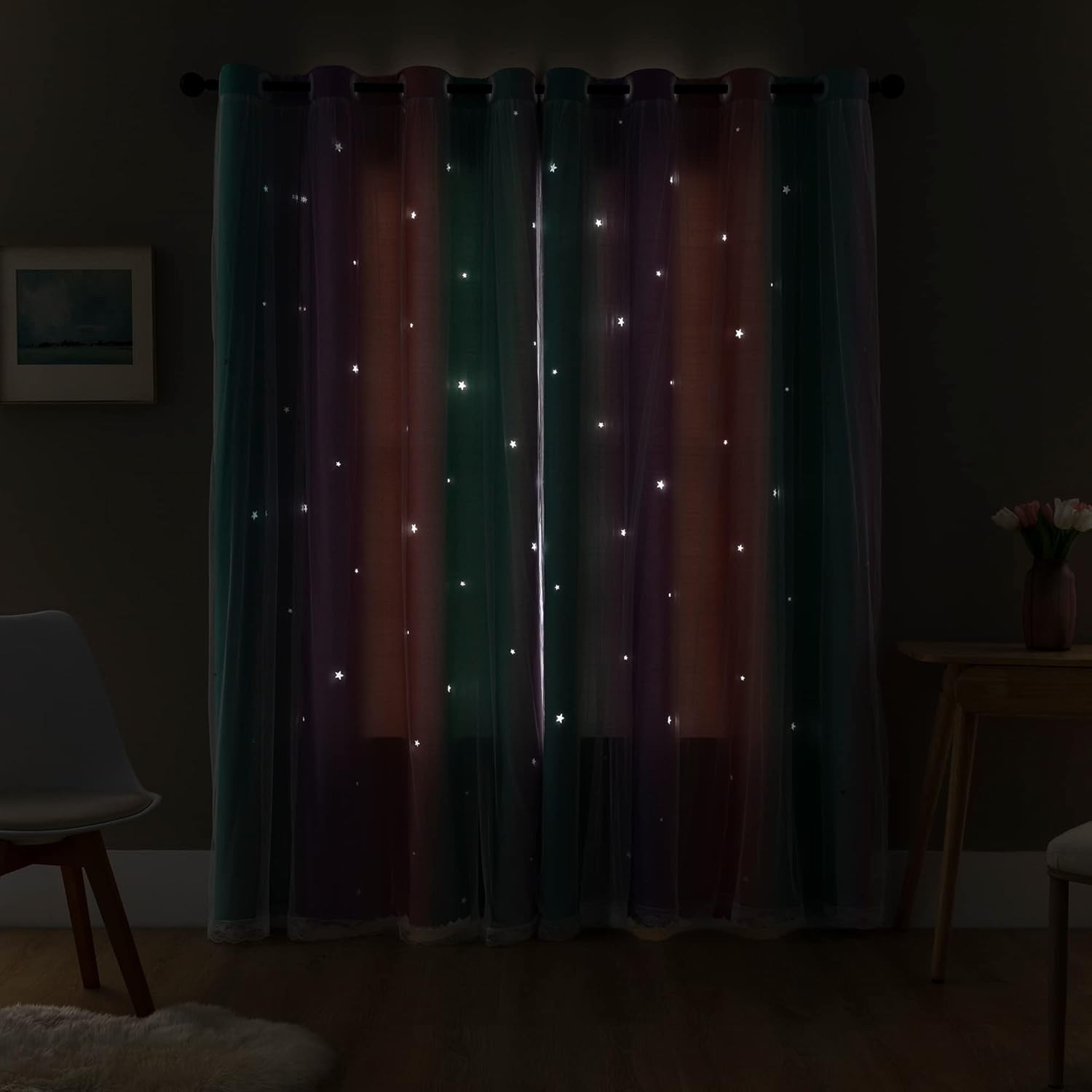 Purple and Pink Rainbow Blackout Window Curtain for Girls’ Rooms, 63×34