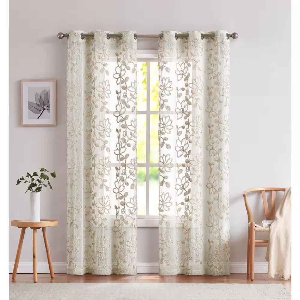 Linen Floral Grommet Room Darkening Curtain – 38 In. W X 84 In. L (Set of 2)