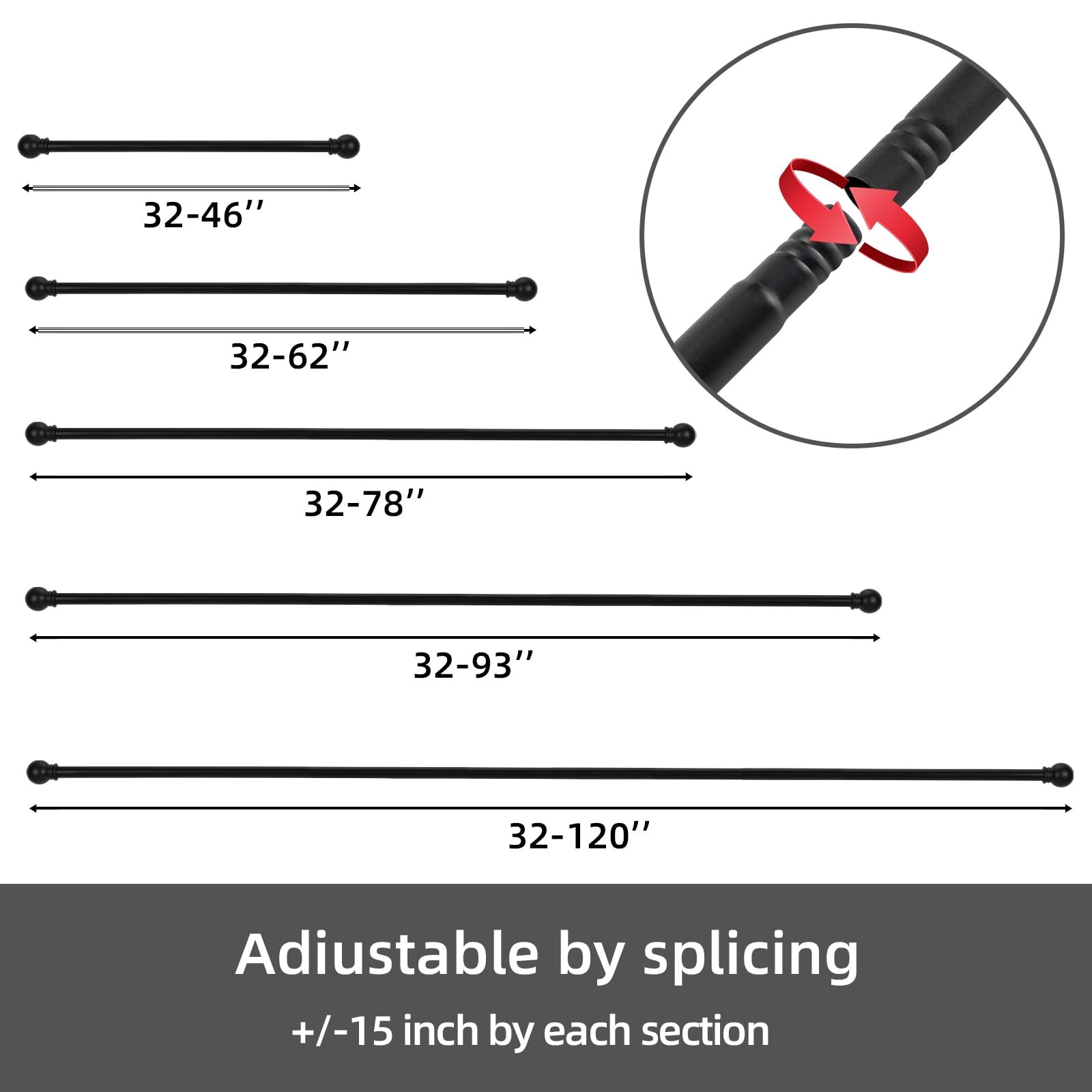 Curtain Rods for windows 32-62 inch, 5/8 inch Decorative Matte Black Splicing…