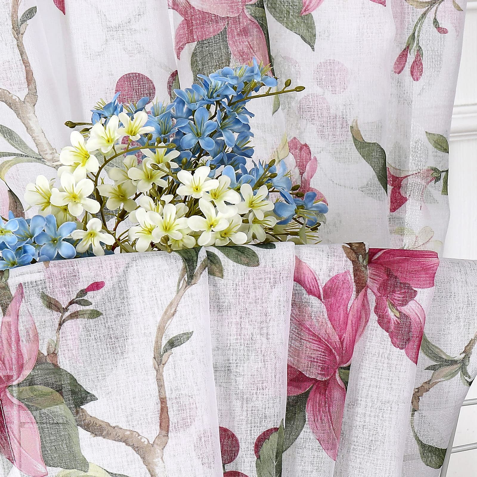 Tollpiz Floral Sheer Tier Curtain Pink Cherry Flower Butterfly Print Half Cur…