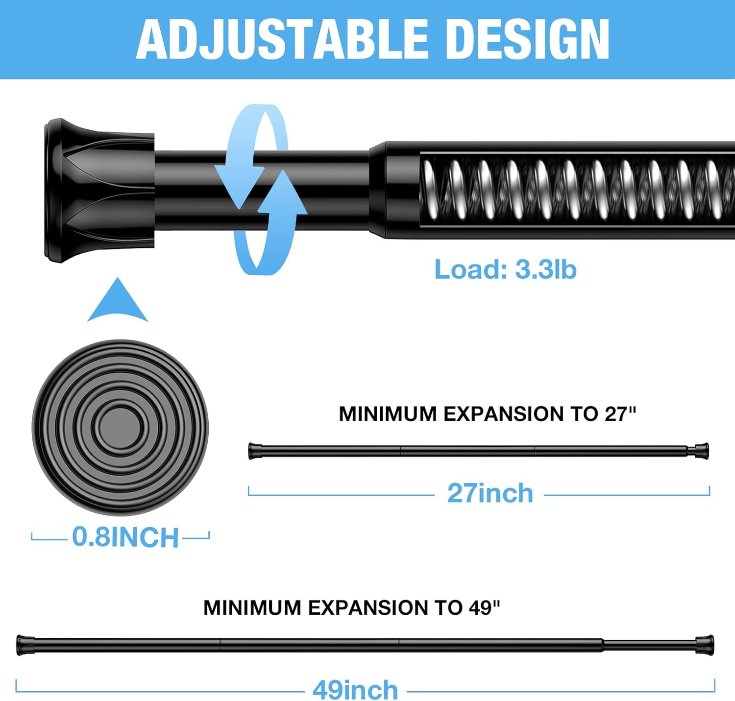 2 Pack Spring Tension Rods 28-48 Inches,5/8″ Diameter Black Spring Load Adjustab