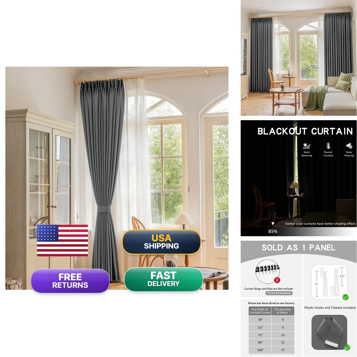 Oyring Pinch Pleat Curtain Tieback For Bedroom Triple Weave Blackout Pleated