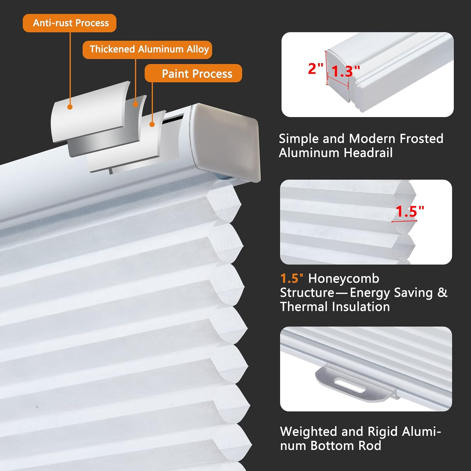 Cordless Honeycomb Blinds – Light Filtering Room Darkening Shades, 34″x48