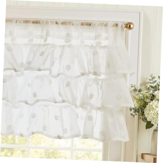 Ruffled Kitchen Valance Pom-Pom Voile 50″W x 18″L (Pack of 1) Pom-pom White