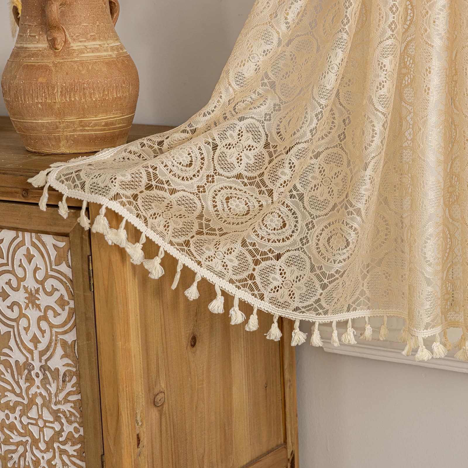 Boho Lace Curtains 24 inch Length 2 Panels, Vintage Floral Crochet Sheer Pane…