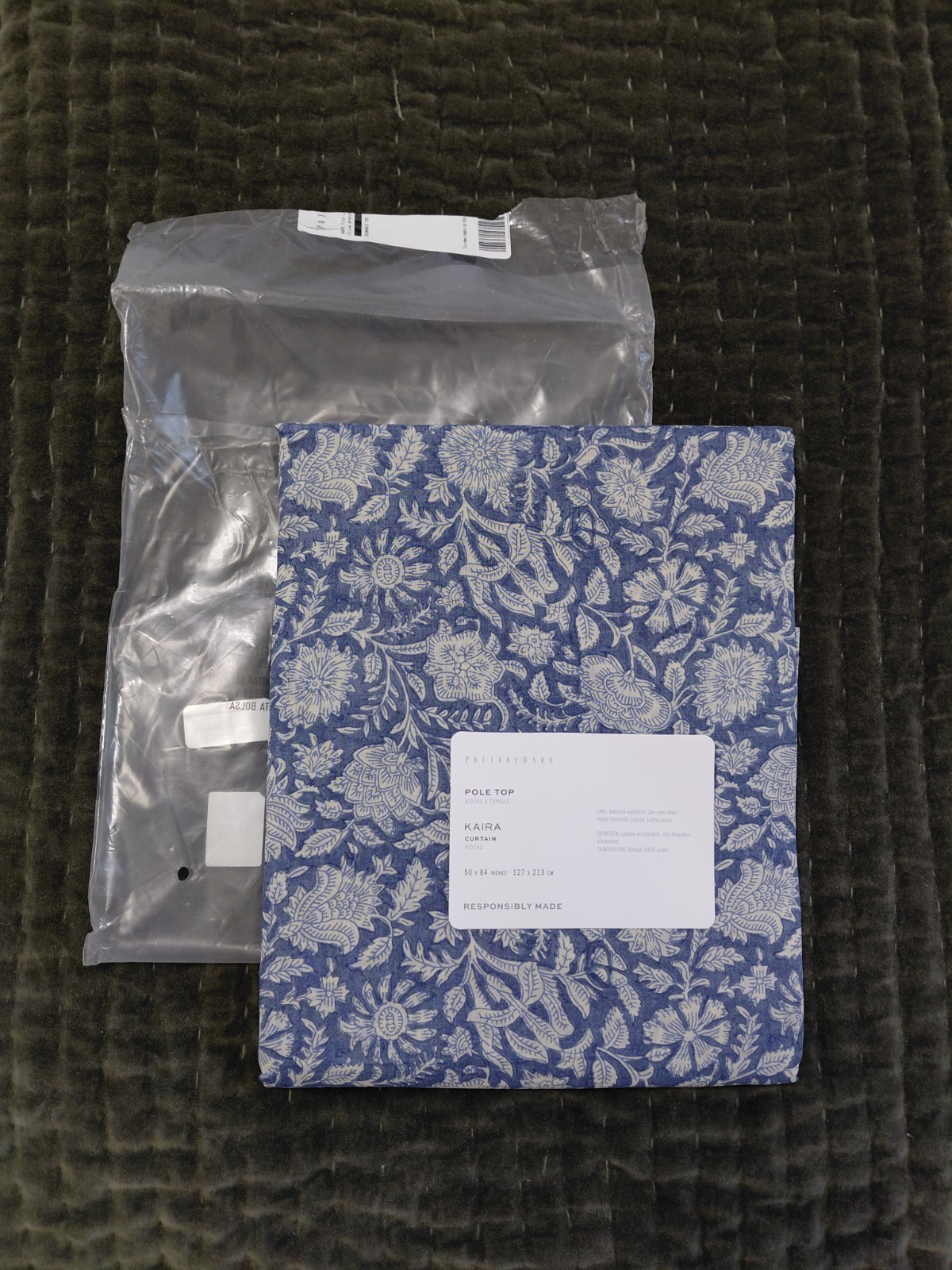 POTTERY BARN 1 Kaira Printed Cotton Curtain PANEL 50″x84″ Blue Block PRINT India
