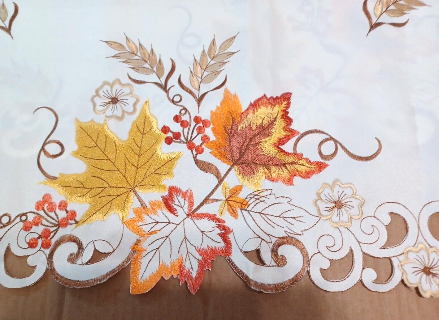 Autumn Fall Leaf Cafe Tier 2 Curtains 24″Length Pair Scallop Embroider Set