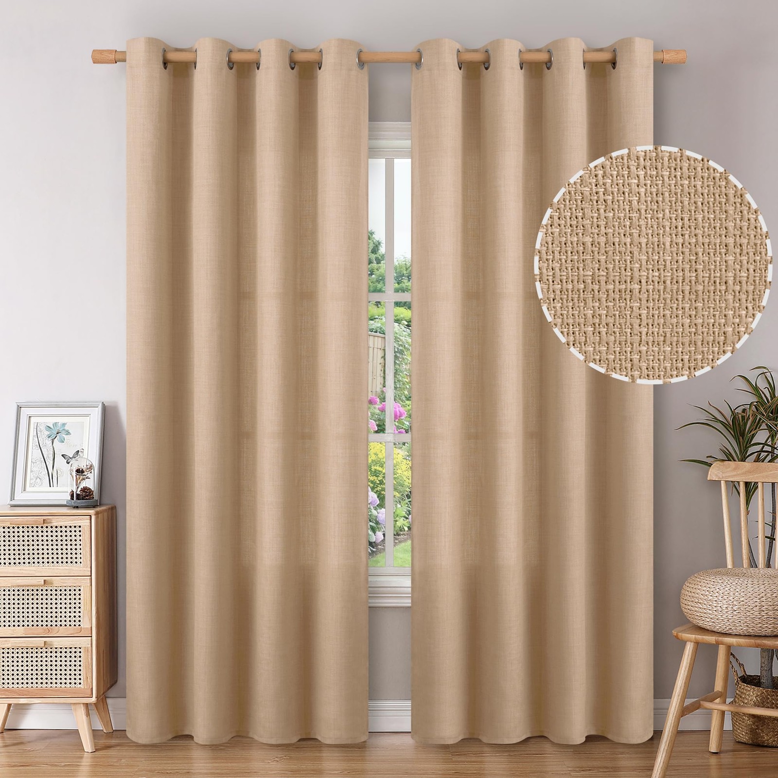 BGment Tan Curtains 84 Inch for Living Room – Light Filtering Faux Linen Look…