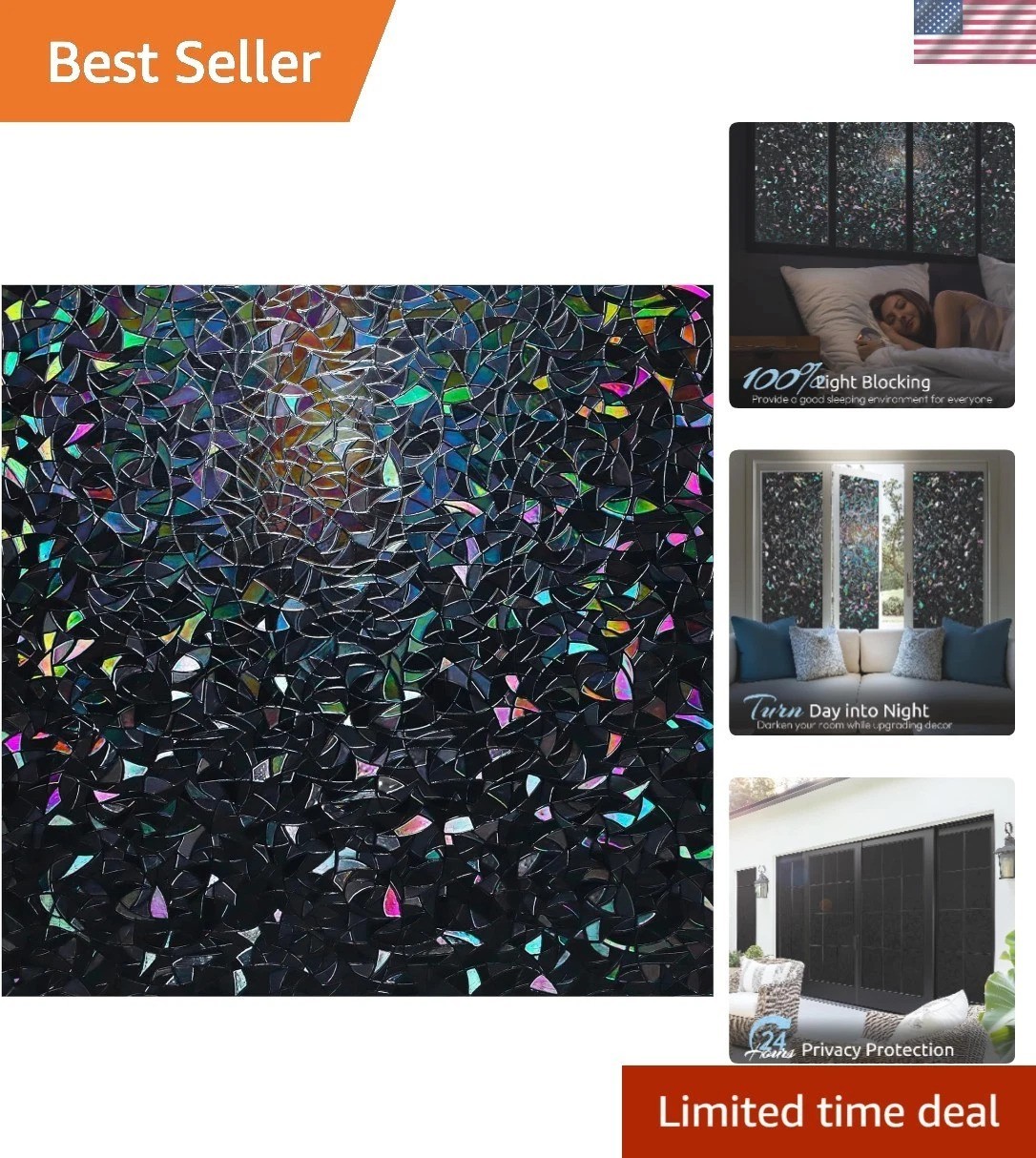 Black 3D Stained Glass Window Film: Room Darkening & UV Protection, 17.5×157.4in