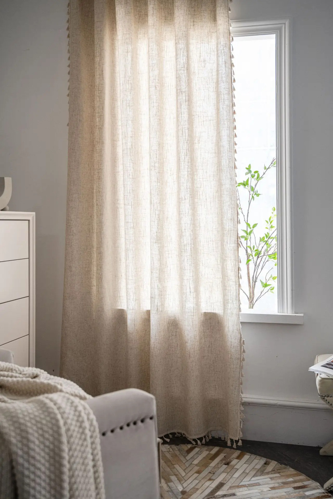 Linen Semi Blackout Curtain 1 Panel Handmade Cotton Burlap Stitching Lace Tassel