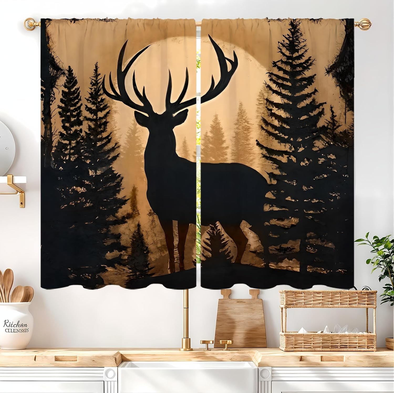 Forest Theme Rustic Deer Pine Kitchen Curtains Country Vintage Retro Cabin Lodge