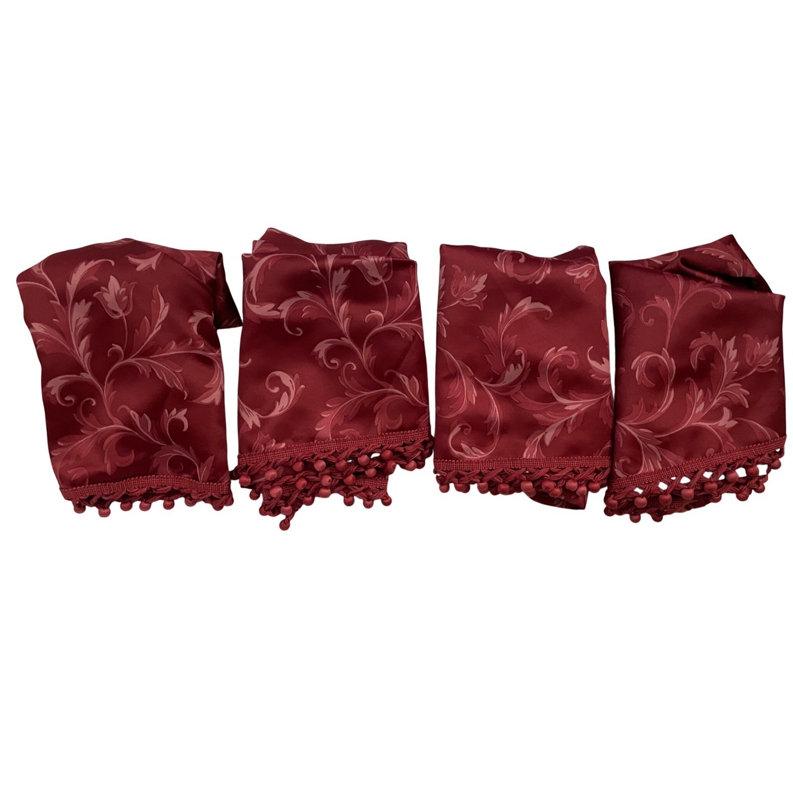 Springs Global Burgundy Damask Floral Satin Window Valance Set of 4 Pom Fringe