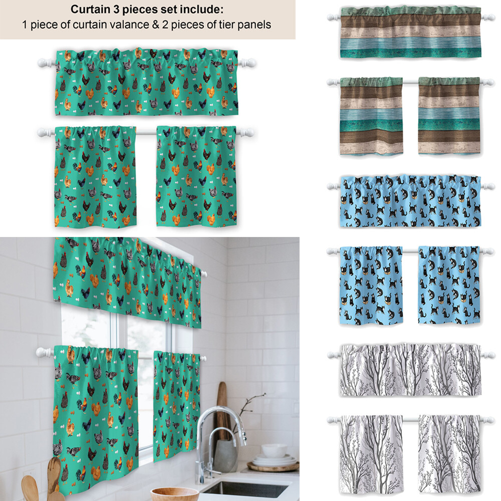 3 Piece Kitchen Window Curtain Set, 1 Valance & 2 Tiers Curtains for Home Decor