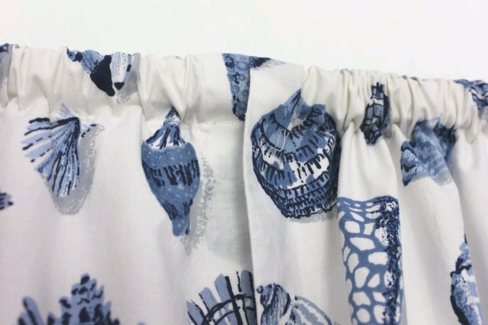 Custom Curtains Blue White Seashell Toile Vtg 3-Pc Drapery Set Beachcomber