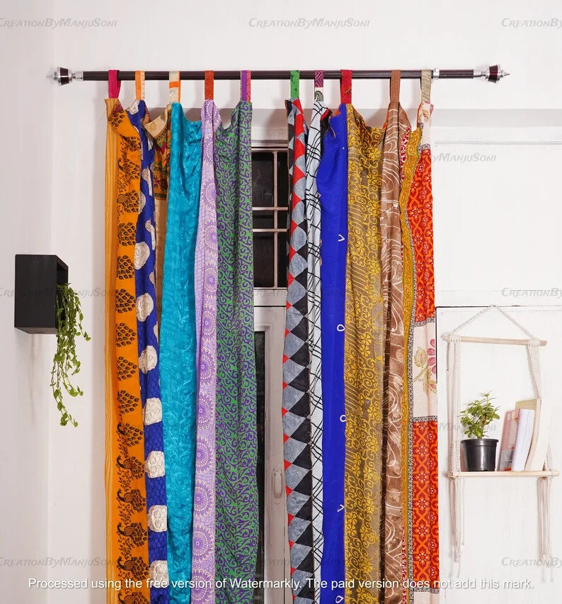 2 Pc Indian Old Recycle Silk Saree Boho Multi Curtain Door Drape Decor Curtain