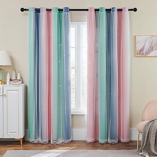 Pink Grey Girls Curtains for Bedroom, Childs Room W34×L63× 1P Pink Green Grey