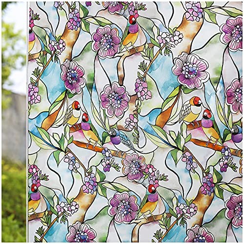 Stained Glass Window Film – 35″x118″, 35 Inx118 In Flower & Bird Pattern