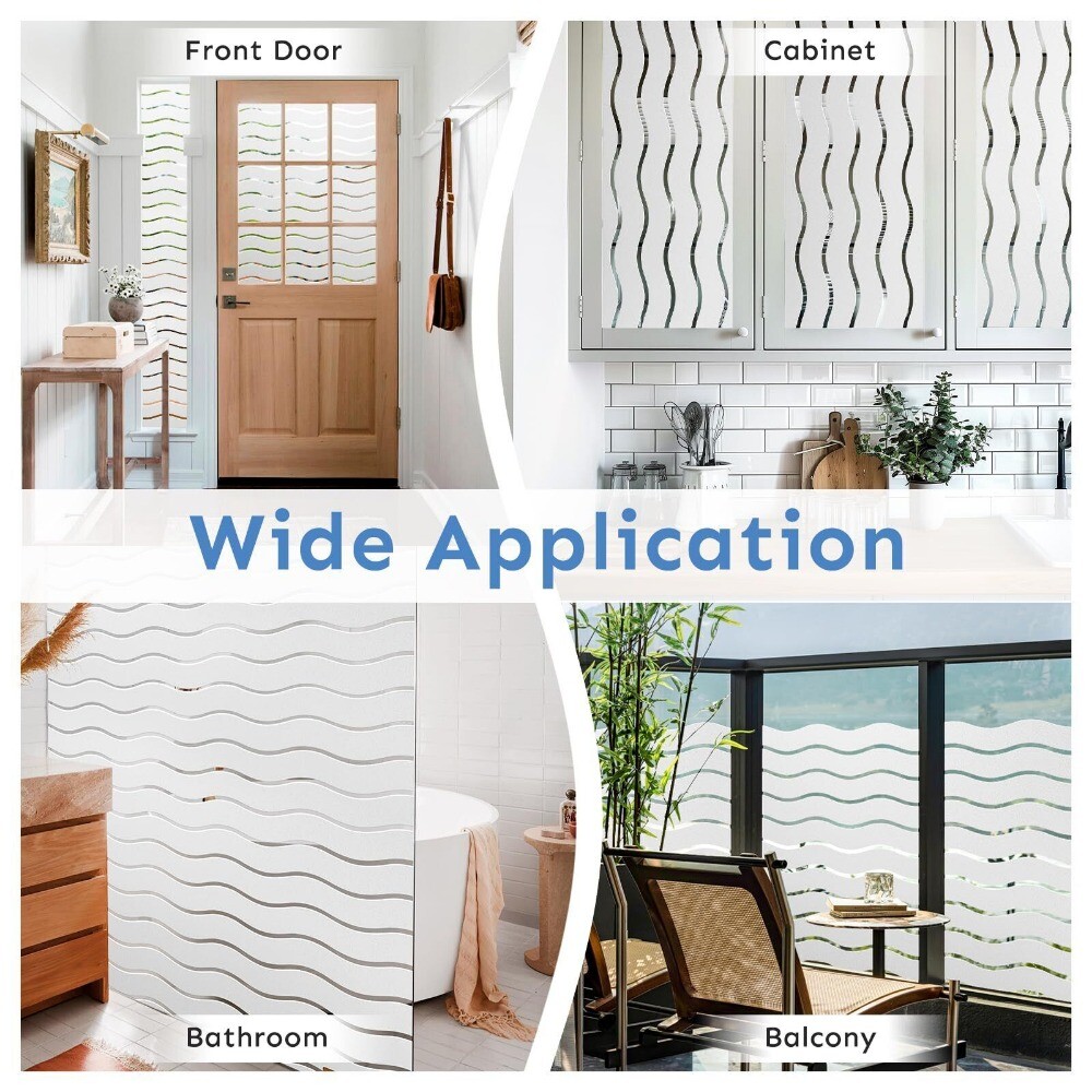 rabbitgoo Privacy Window Film Wave Decorative Striped Static Cling Glass Sticker