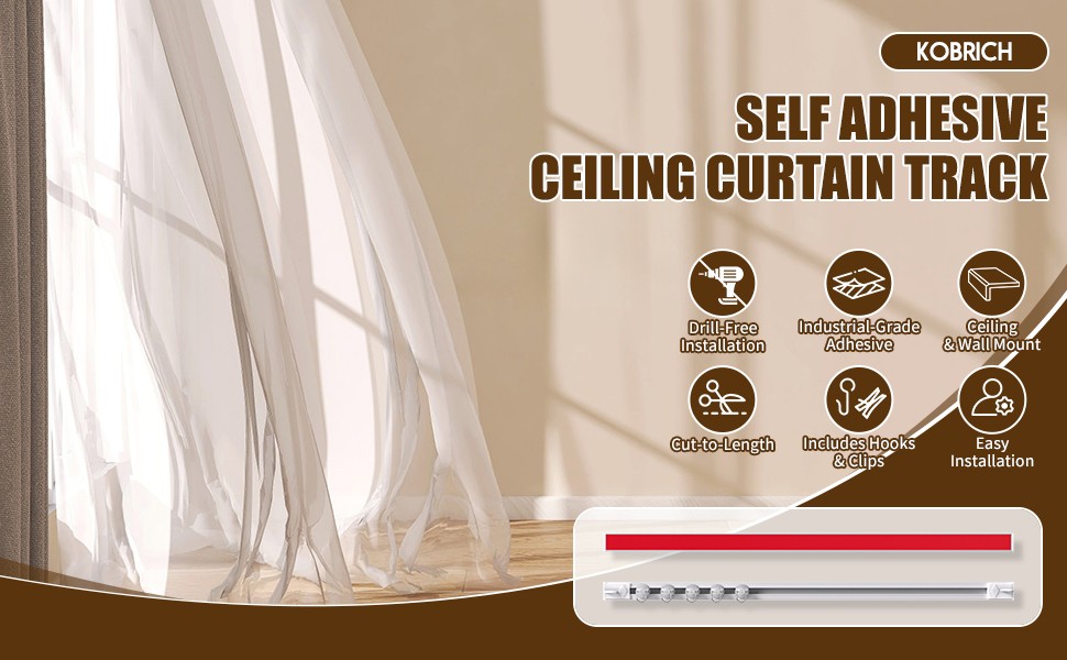 Self Adhesive Ceiling Curtain Track, 3.3 FT Flexible Cuttable No Drill Curtain