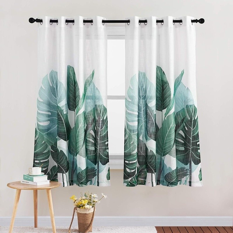 Tropical Leaves Sheer Curtains Grommet Linen Fabric 100 Inch Light Filtering New