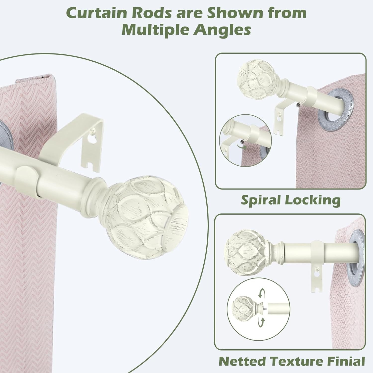 2PK White Curtain Rod 36″-88″ Adjustable Heavy Duty Boho Drapery Rod w/ Finials