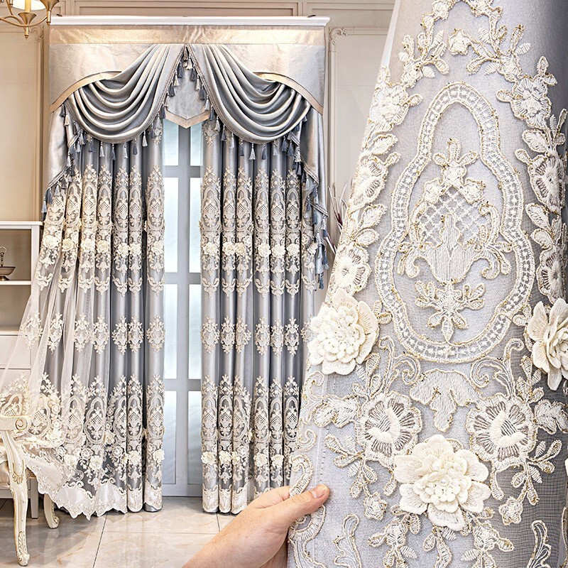 European luxury gray embroidery cloth blackout curtain tulle valance drape C1263