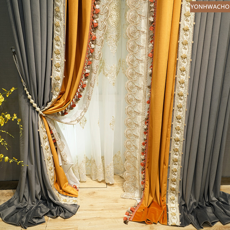 luxury thick velvet dark gray orange embroidery cloth blackout curtain C618