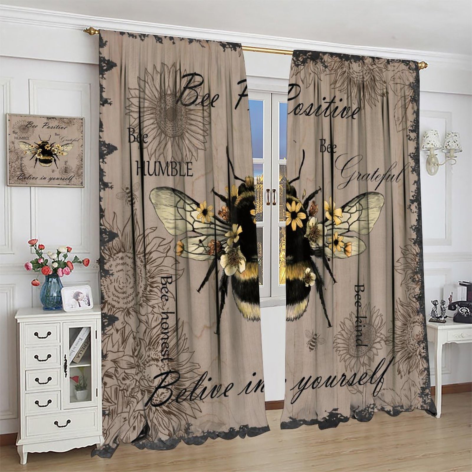 Fblifil Rustic Farmhouse Bee Curtains Daisy Animal Country Positive Vintage I…