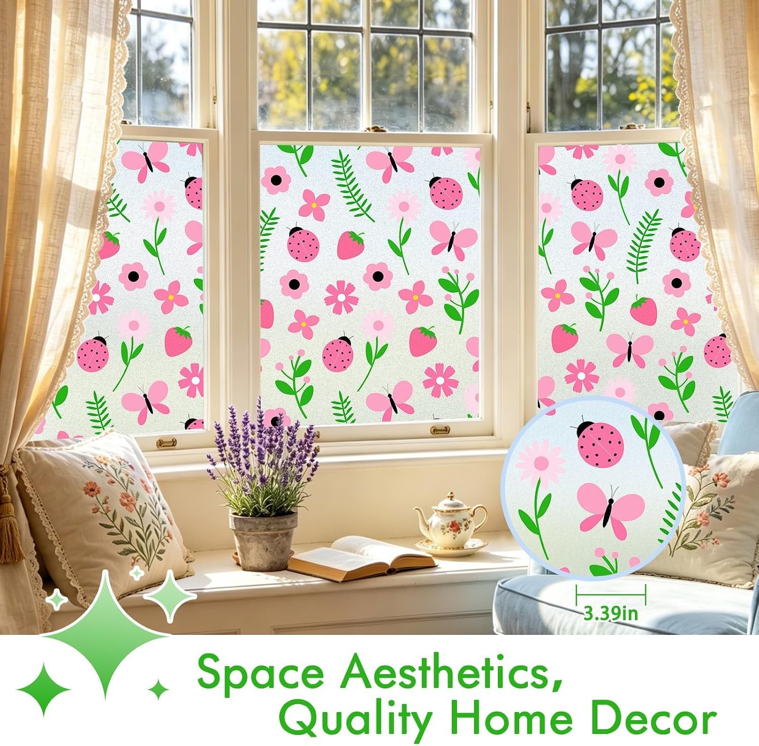 SOMWISE Frosted Window Privacy Film Pink Garden 23.5″x78.5″ Static Cling UV