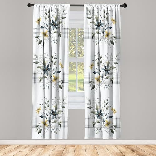 Floral Window Curtains, Minimalist Design Cozy Neutral Farmhouse Plaid with