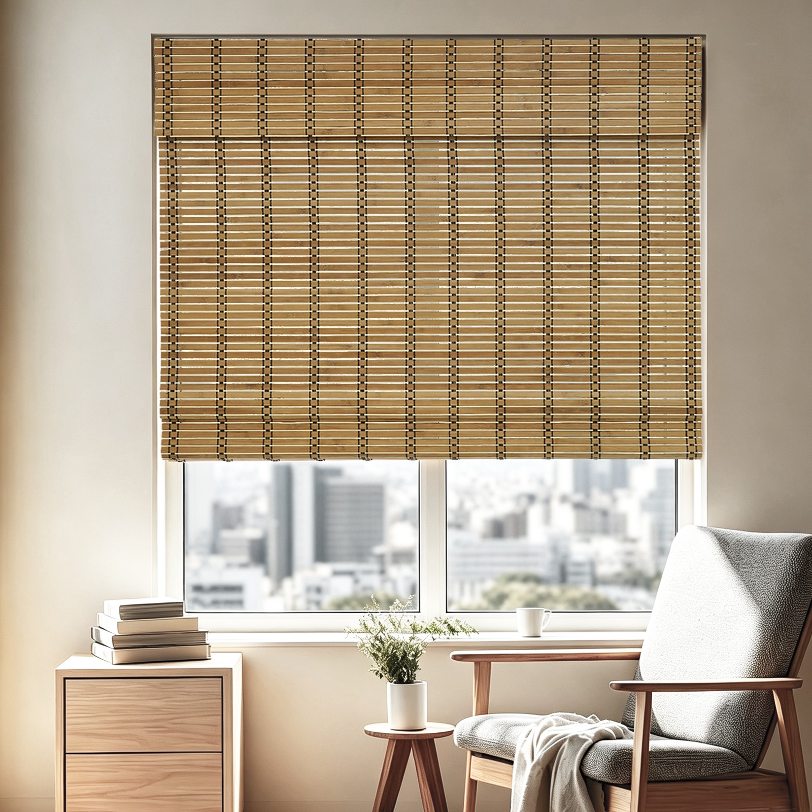 Changshade Cordless Bamboo Window Blinds Sun Shade, Light Filtering Roman Blinds